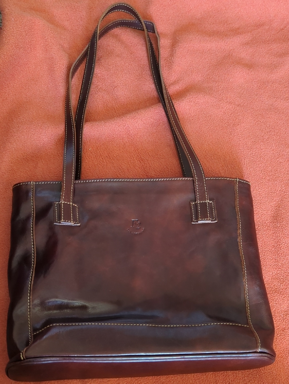 Brown Leather Tote with Contrast Stitching